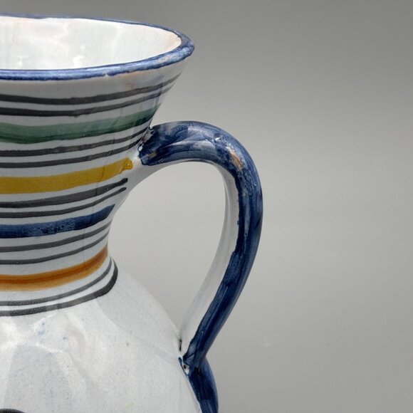 Vintage Talavera Spain Pottery Pitcher with Hand-Painted Lion Striped Rim 8 Inch - Picture 3 of 9